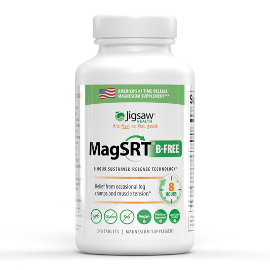 Jigsaw Health MagSRT bottle pour demonstrates timed-release magnesium for steady daily support.