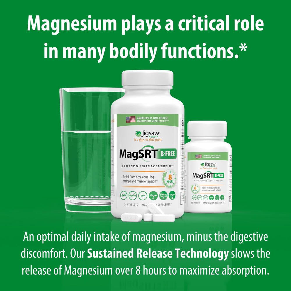 Jigsaw Health MagSRT tablets beside glass of water suggesting daily routine.