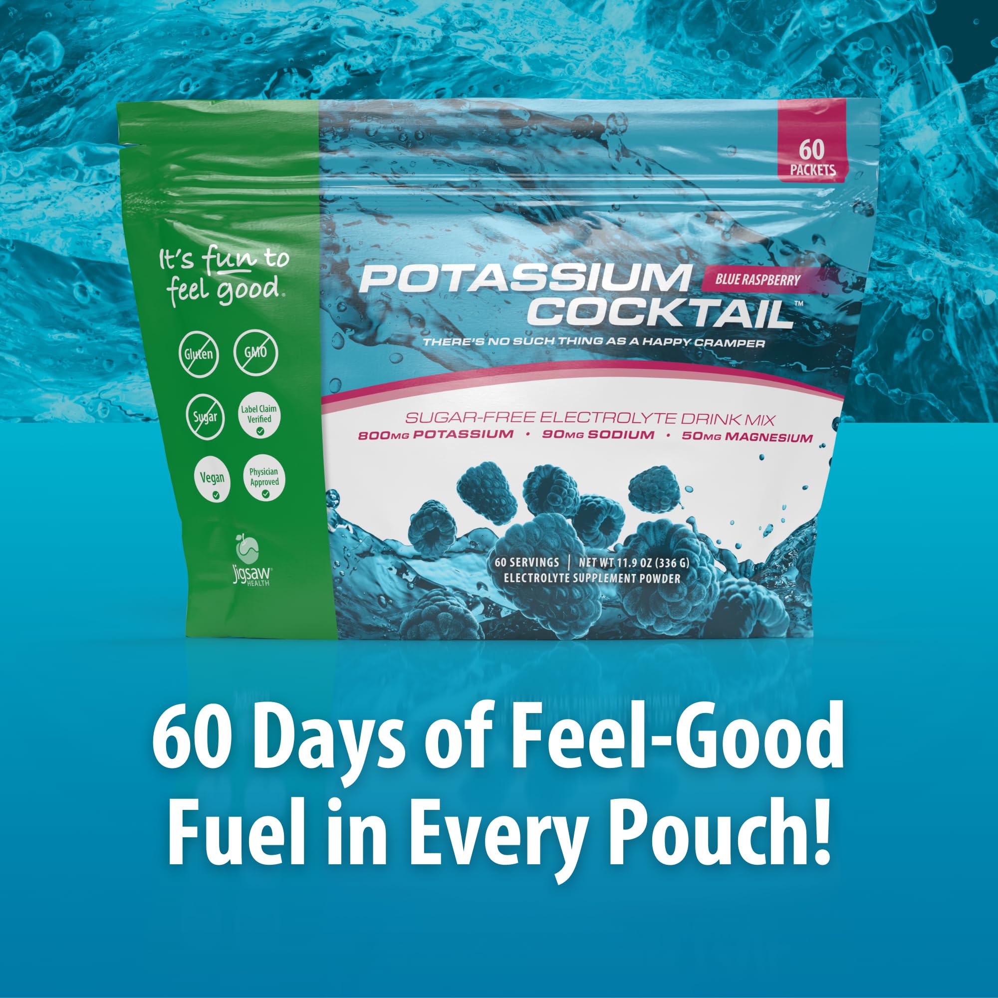 Prepared Jigsaw Health Potassium Cocktail blue raspberry in a glass for hydration