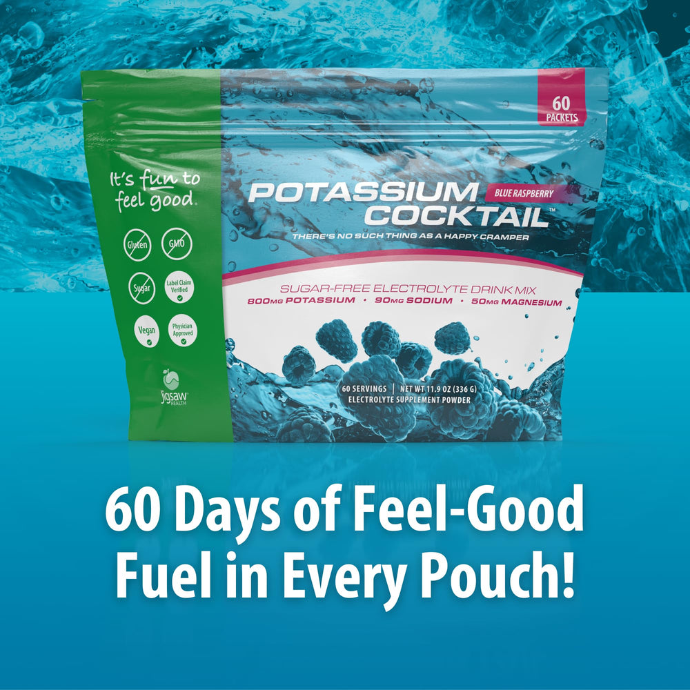 Prepared Jigsaw Health Potassium Cocktail blue raspberry in a glass for hydration