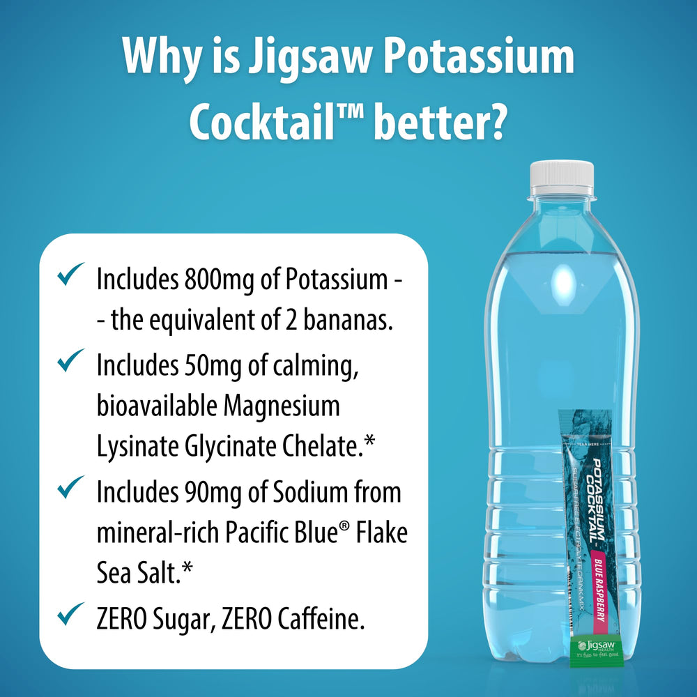 Jigsaw Health Potassium Cocktail packets beside a glass