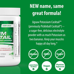 Close-up of Jigsaw Health Potassium Cocktail label highlighting cherry limeade flavor.