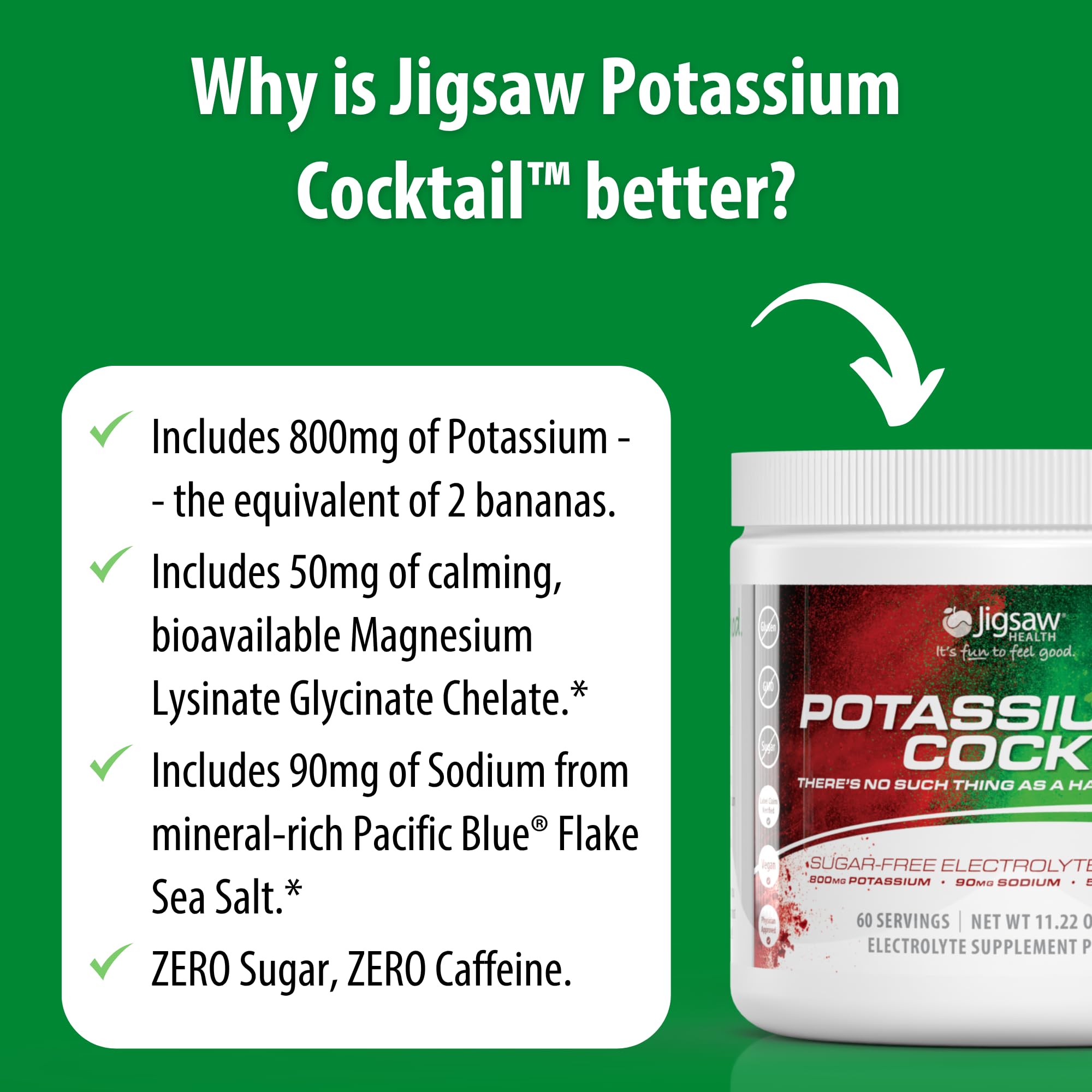 Label close-up on Jigsaw Health Potassium Cocktail showing sugar-free claim and flavor.