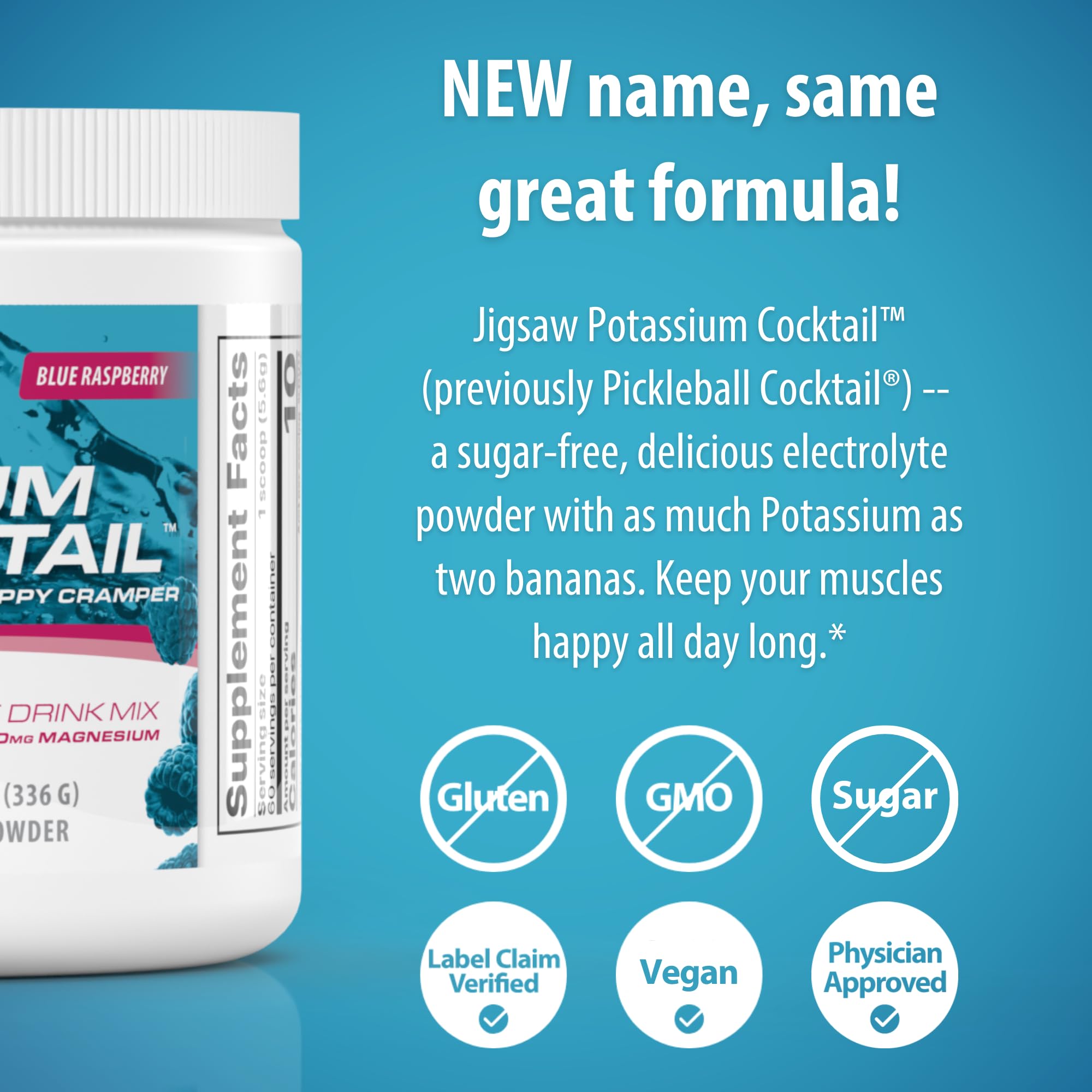 Jigsaw Health Potassium Cocktail label highlights zero sugar and caffeine-free formula