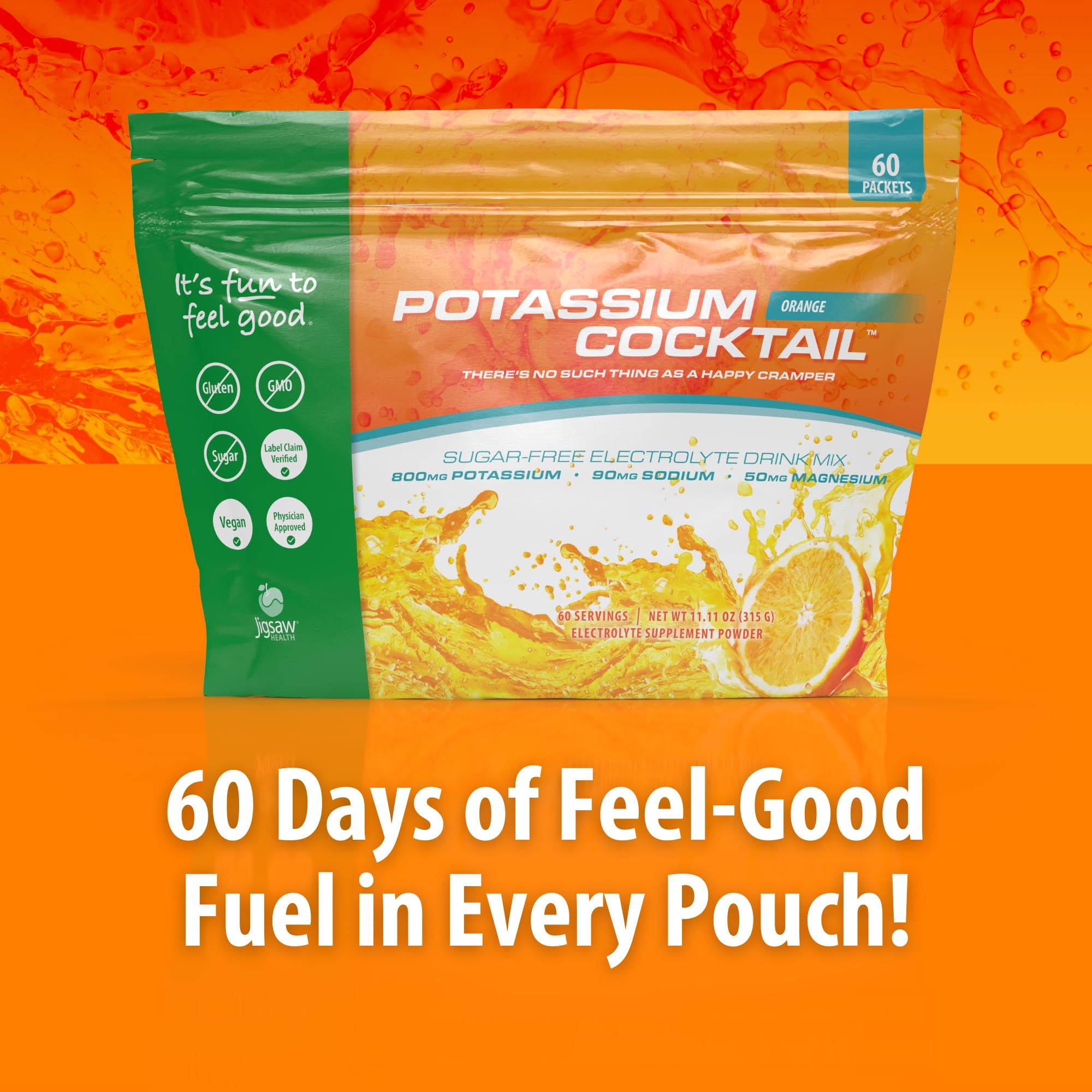 Jigsaw Health Potassium Cocktail orange ingredient label, clear daily electrolyte details.