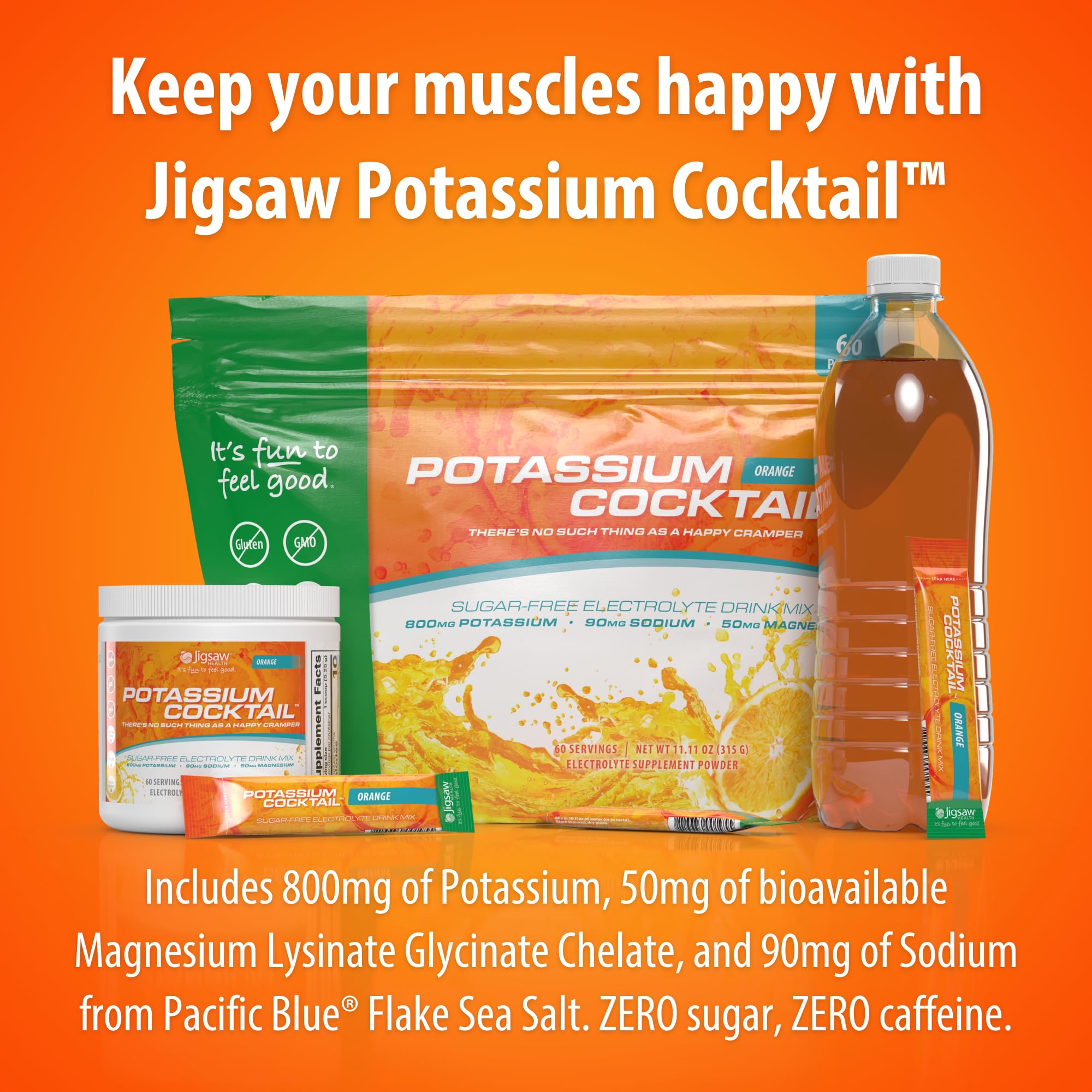 Jigsaw Health Potassium Cocktail orange take-with-me pack for quick hydration.