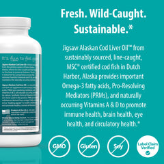 Jigsaw Health sustainably sourced cod in Dutch Harbor backdrop.