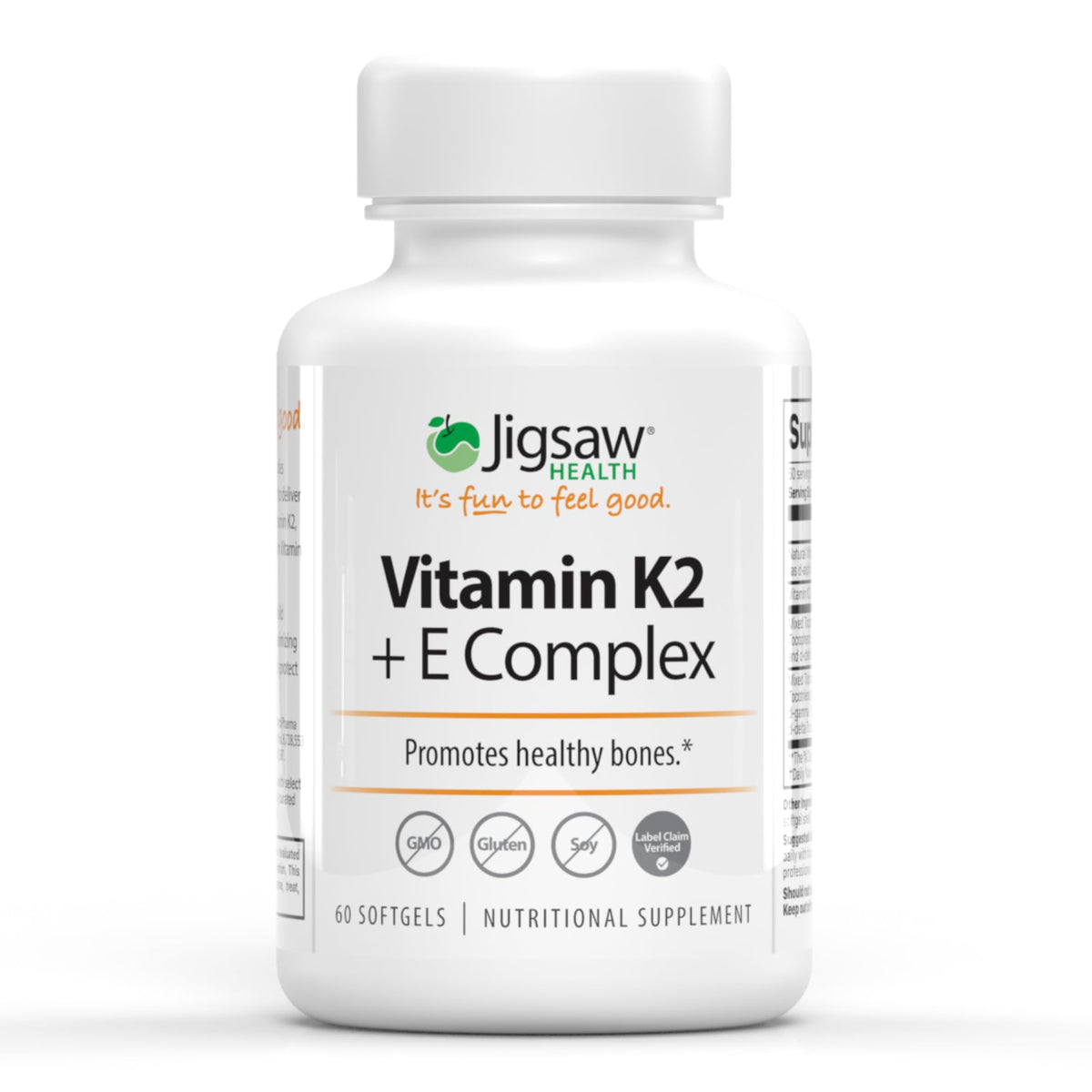 Jigsaw Health Vitamin K2 + E Complex bottle front highlights a bone-support formula.