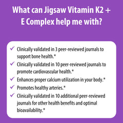 Jigsaw Health Vitamin K2 + E Complex bottle in hand suggests on-the-go use.