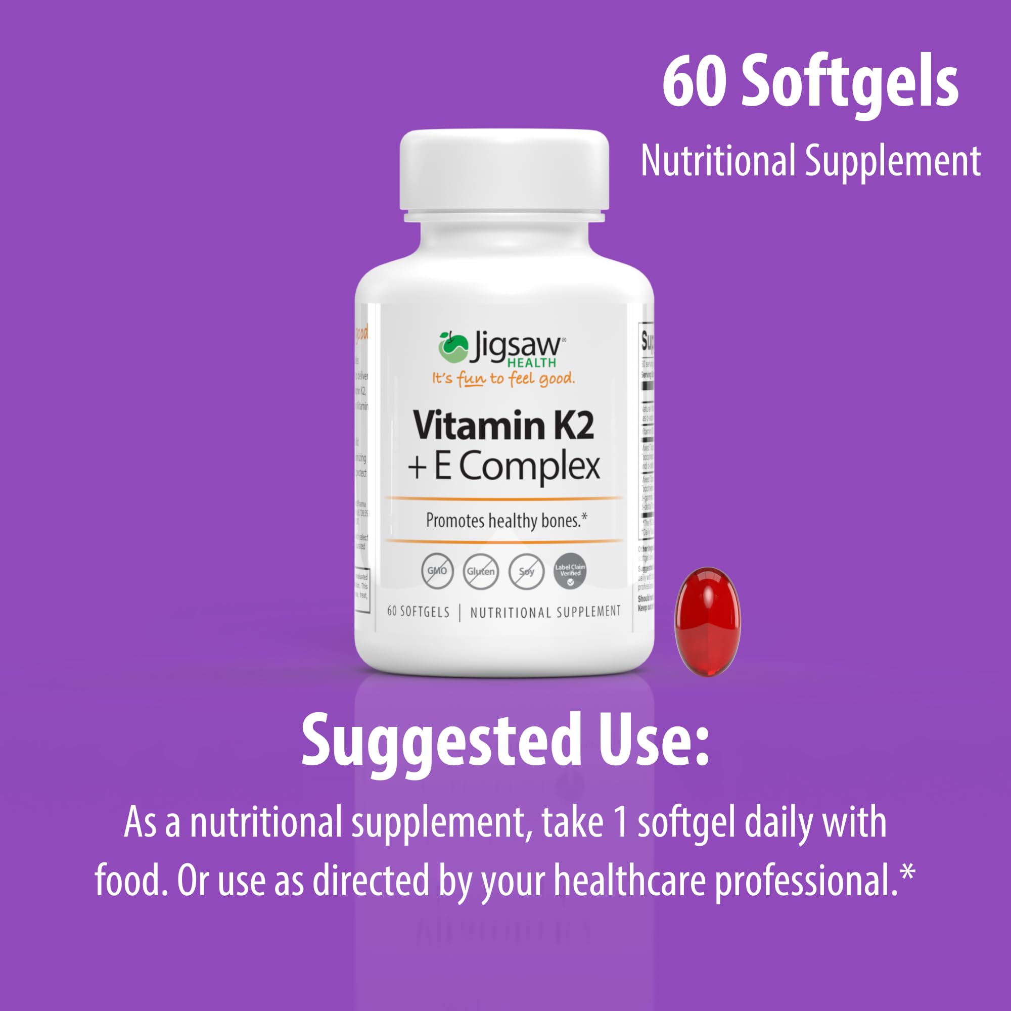 Jigsaw Health Vitamin K2 + E Complex daily-use visual supports routine supplementation.
