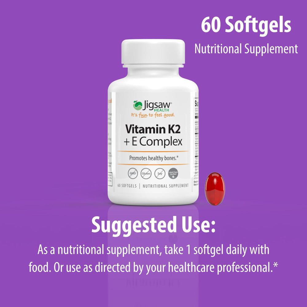 Jigsaw Health Vitamin K2 + E Complex daily-use visual supports routine supplementation.