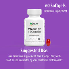 Jigsaw Health Vitamin K2 + E Complex daily-use visual supports routine supplementation.