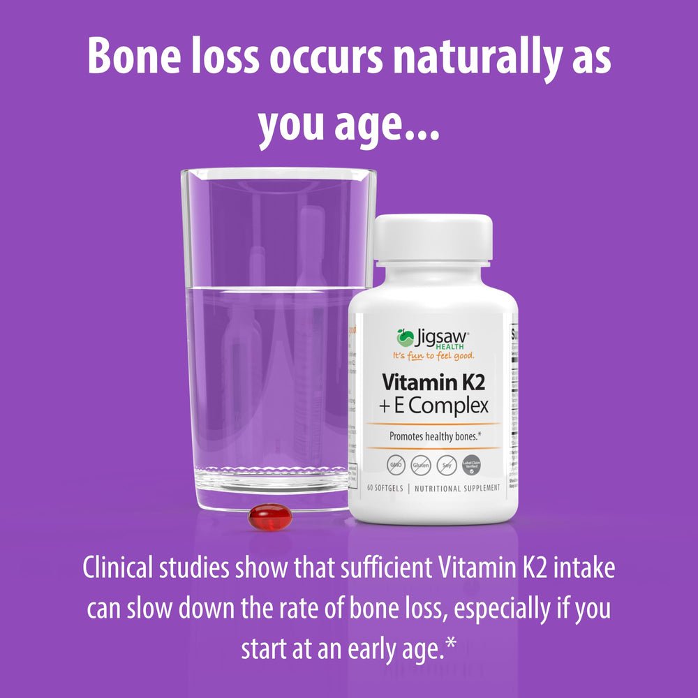 Jigsaw Health Vitamin K2 + E Complex packaging stack conveys value and convenience.