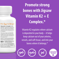 Jigsaw Health Vitamin K2 + E Complex softgels close-up reveals capsule texture.