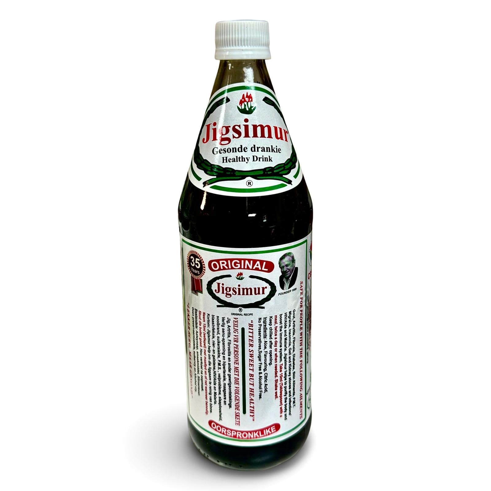Jigsimur natural health drink 750ml bottle in glass shows convenient daily use.