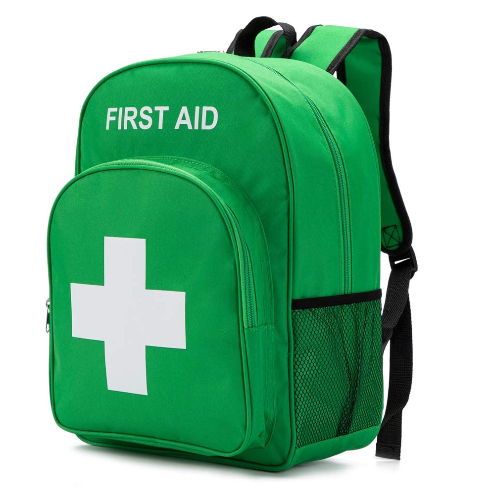Jipemtra red emergency bag front view showing accessible compartments and clear cross symbol for quick recognition