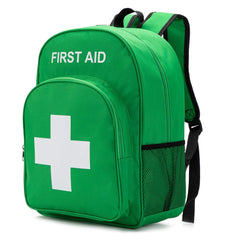 Jipemtra red emergency bag front view showing accessible compartments and clear cross symbol for quick recognition