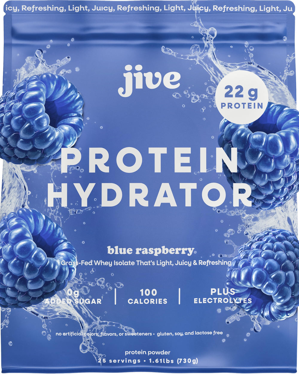 Jive Clear Protein bottle front shows Blue Raspberry flavor for a refreshing workout sip.