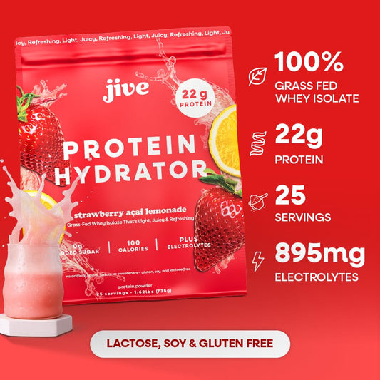 Glass of Jive Clear Protein pours smoothly for refreshing hydration.