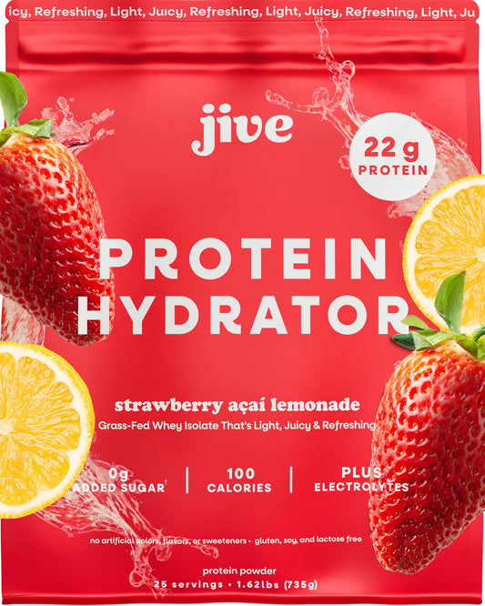 Jive Clear Protein bottle shows Strawberry Acai Lemonade flavor and zero added sugar.