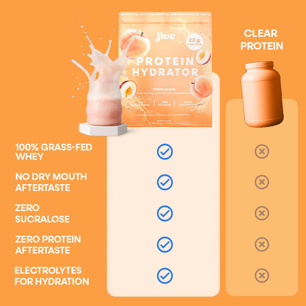 Jive Clear Protein Powder White Peach packets on-the-go demonstrate convenient nutrition.