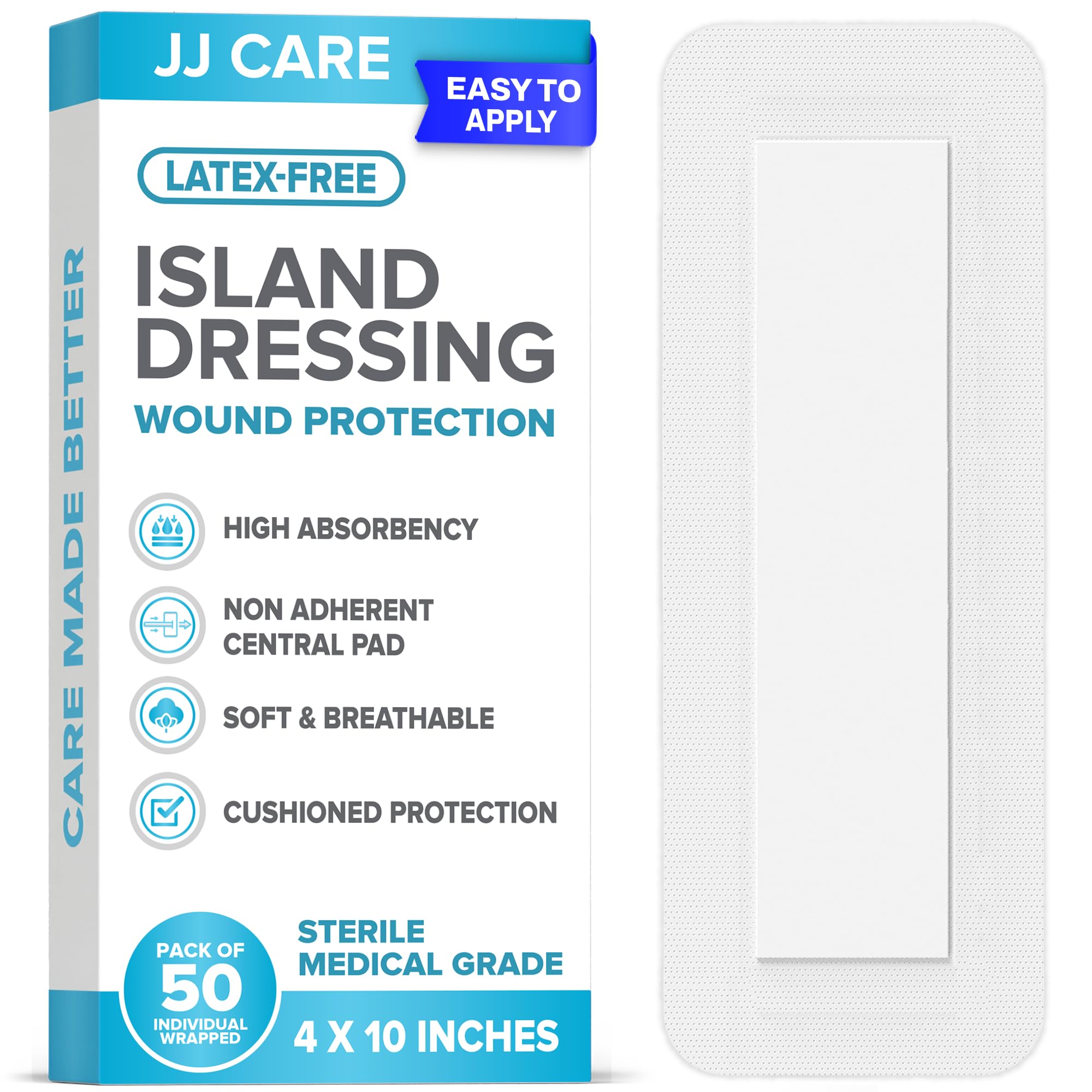 JJ CARE adhesive island dressing with a 4x10 pad for secure, comfortable healing.