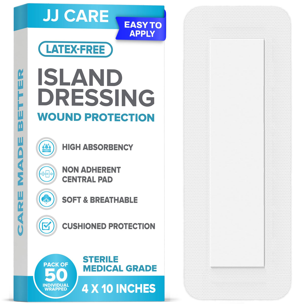 JJ CARE adhesive island dressing with a 4x10 pad for secure, comfortable healing.