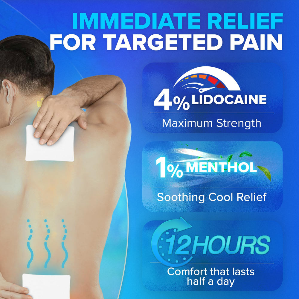 JJ CARE Lidocaine Patches on the back for targeted pain desensitization.