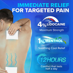 JJ CARE Lidocaine Patches on the back for targeted pain desensitization.