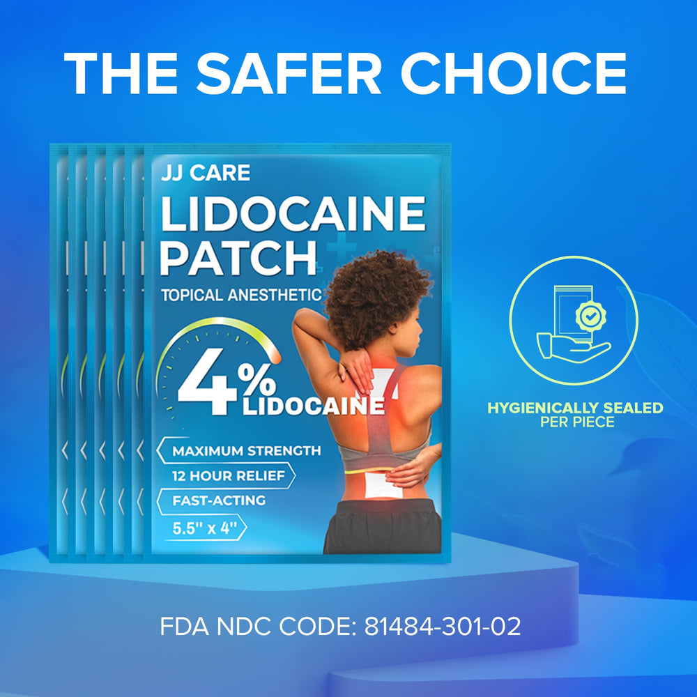 Open packaging of JJ CARE Lidocaine Patches reveals contents.