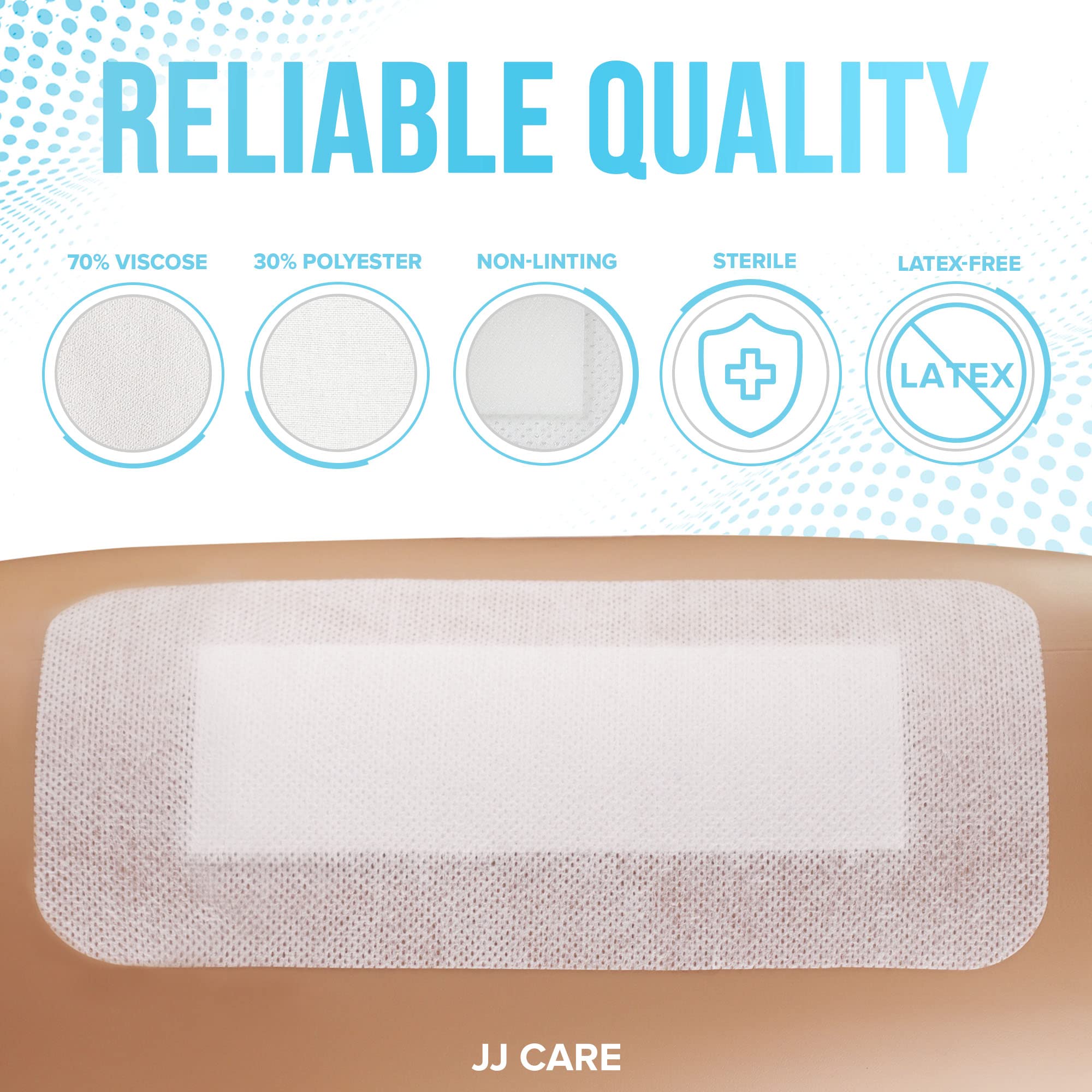 JJ CARE non-adherent center pad minimizes sticking during dressing changes.