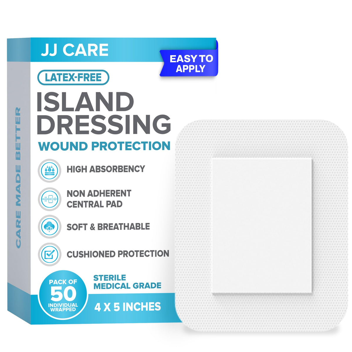 JJ CARE island dressing close-up showing 4x5 pad for comfortable protection