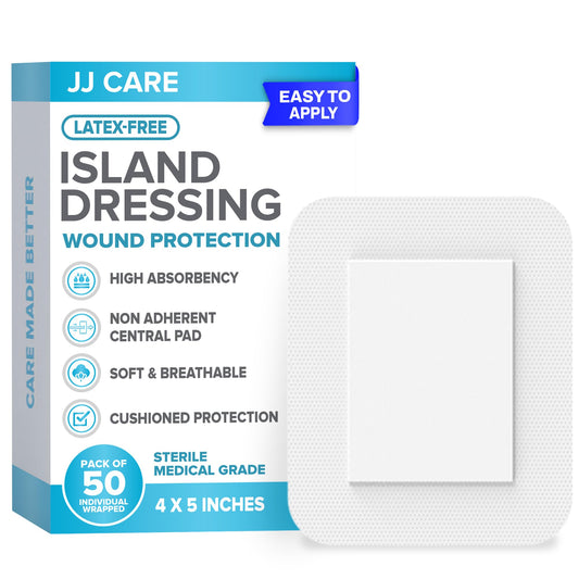JJ CARE island dressing close-up showing 4x5 pad for comfortable protection