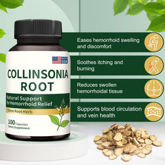 Jkrova Collinsonia Root capsules pack highlighting convenient, all-herbal formula.
