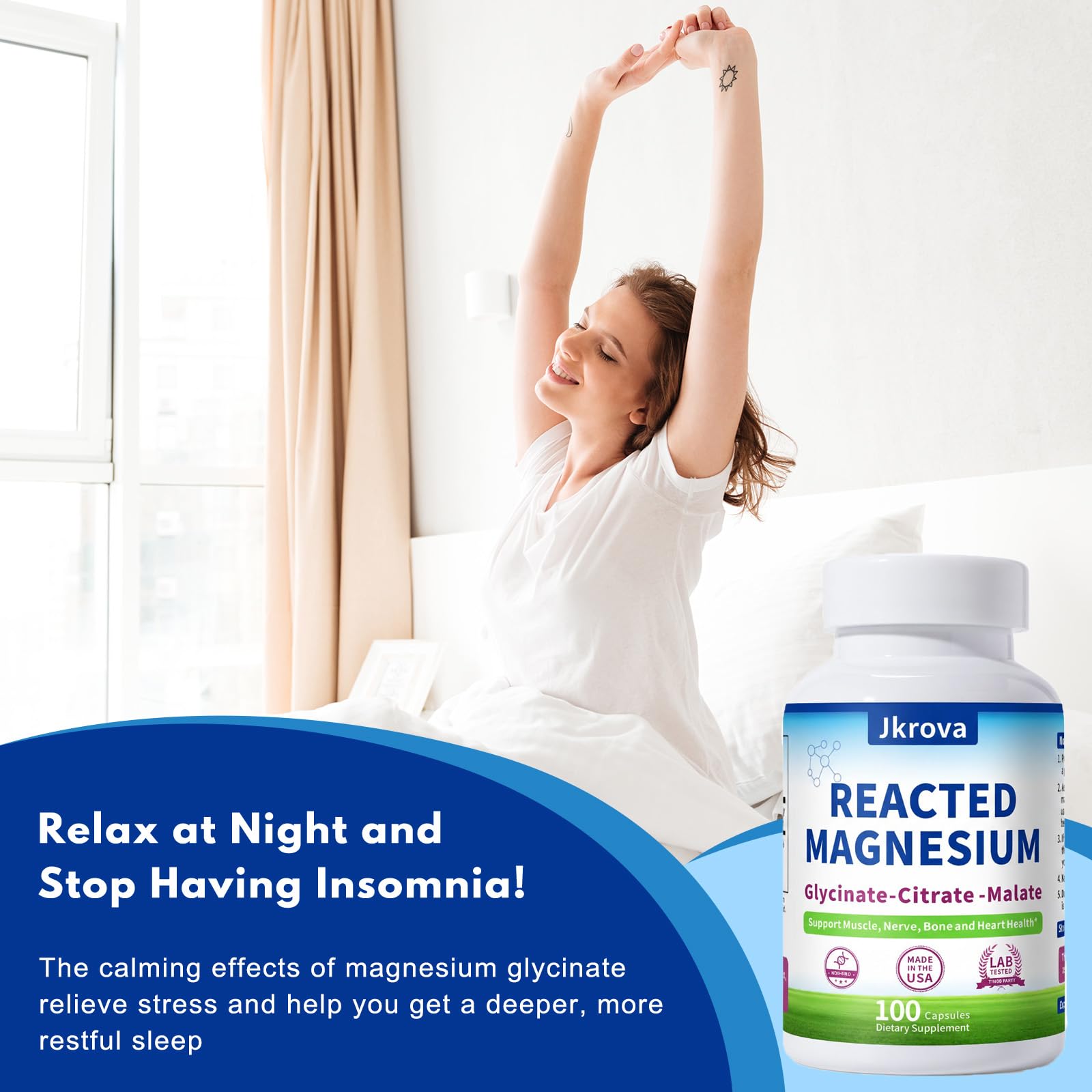 Jkrova Reacted Magnesium in a sleep scene promoting restful nights.