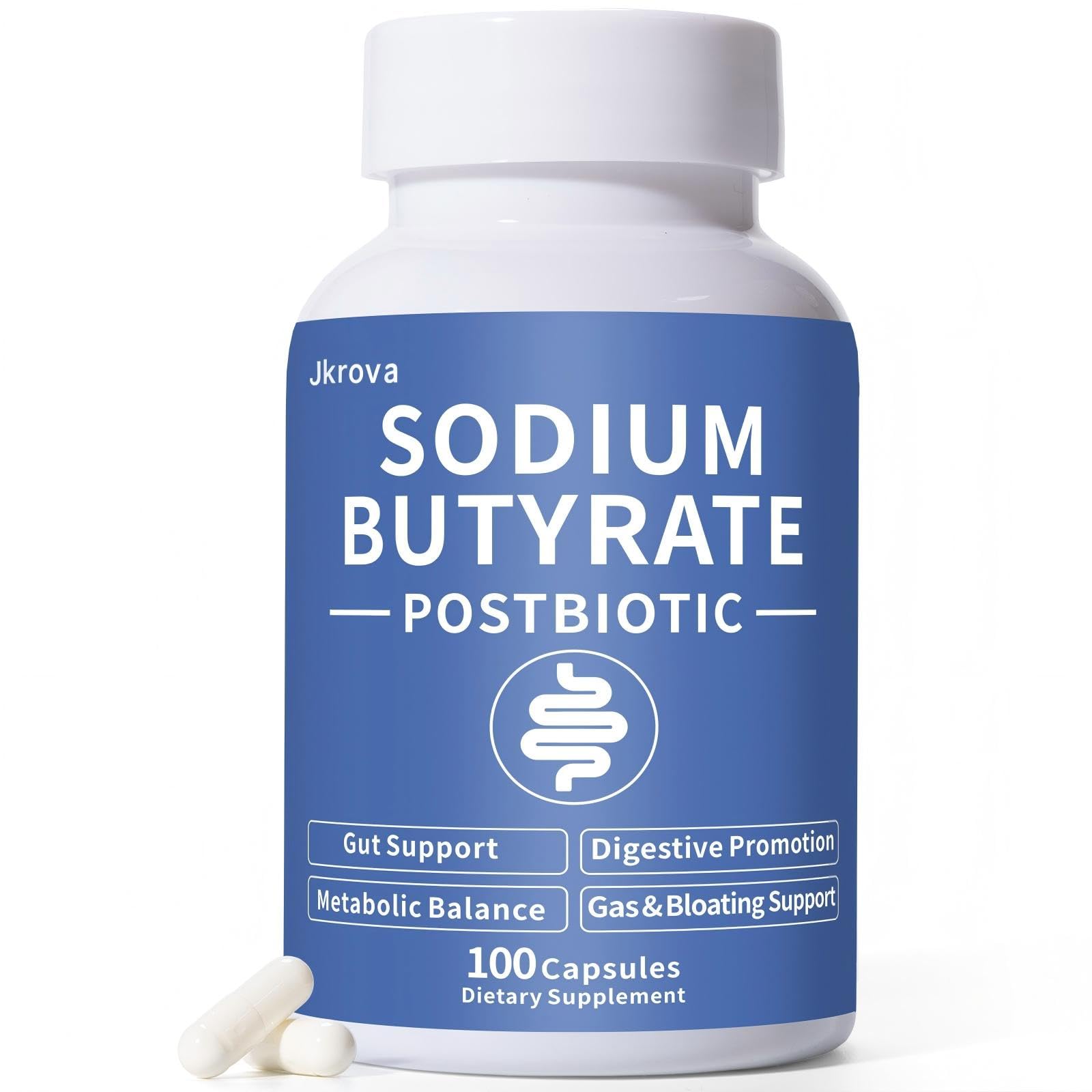 Jkrova sodium butyrate bottle showing the gut health supplement
