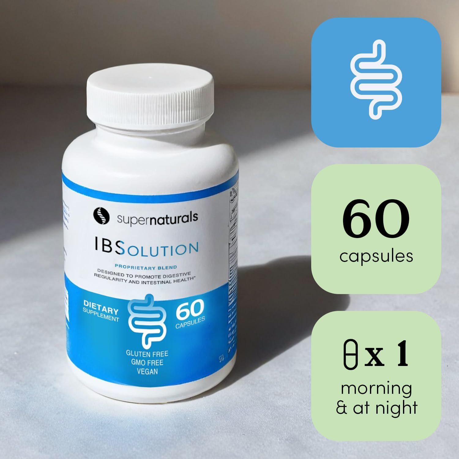 JLM Nutritionals SuperNaturals IBSolution highlights psyllium husk and prebiotics.