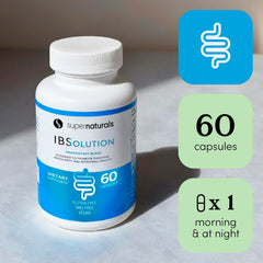 JLM Nutritionals SuperNaturals IBSolution highlights psyllium husk and prebiotics.