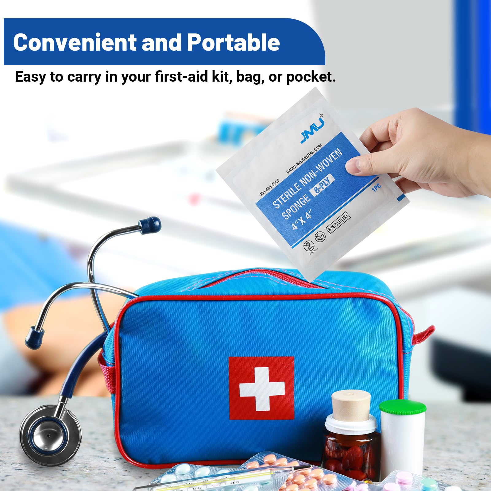 JMU 8-ply absorbent gauze pad designed for reliable fluid management.