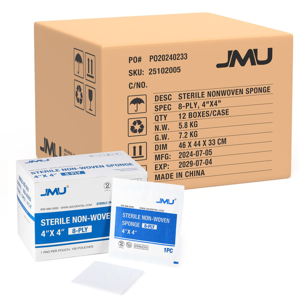 JMU sterile gauze pads 4x4 packaging for on-the-go wound care.