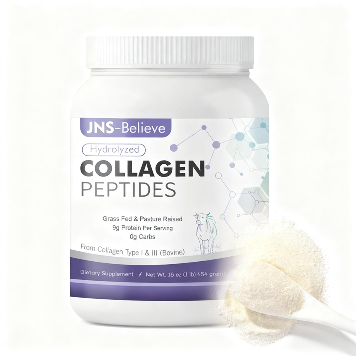 JNS-Believe collagen peptides front label for versatile daily mixing.