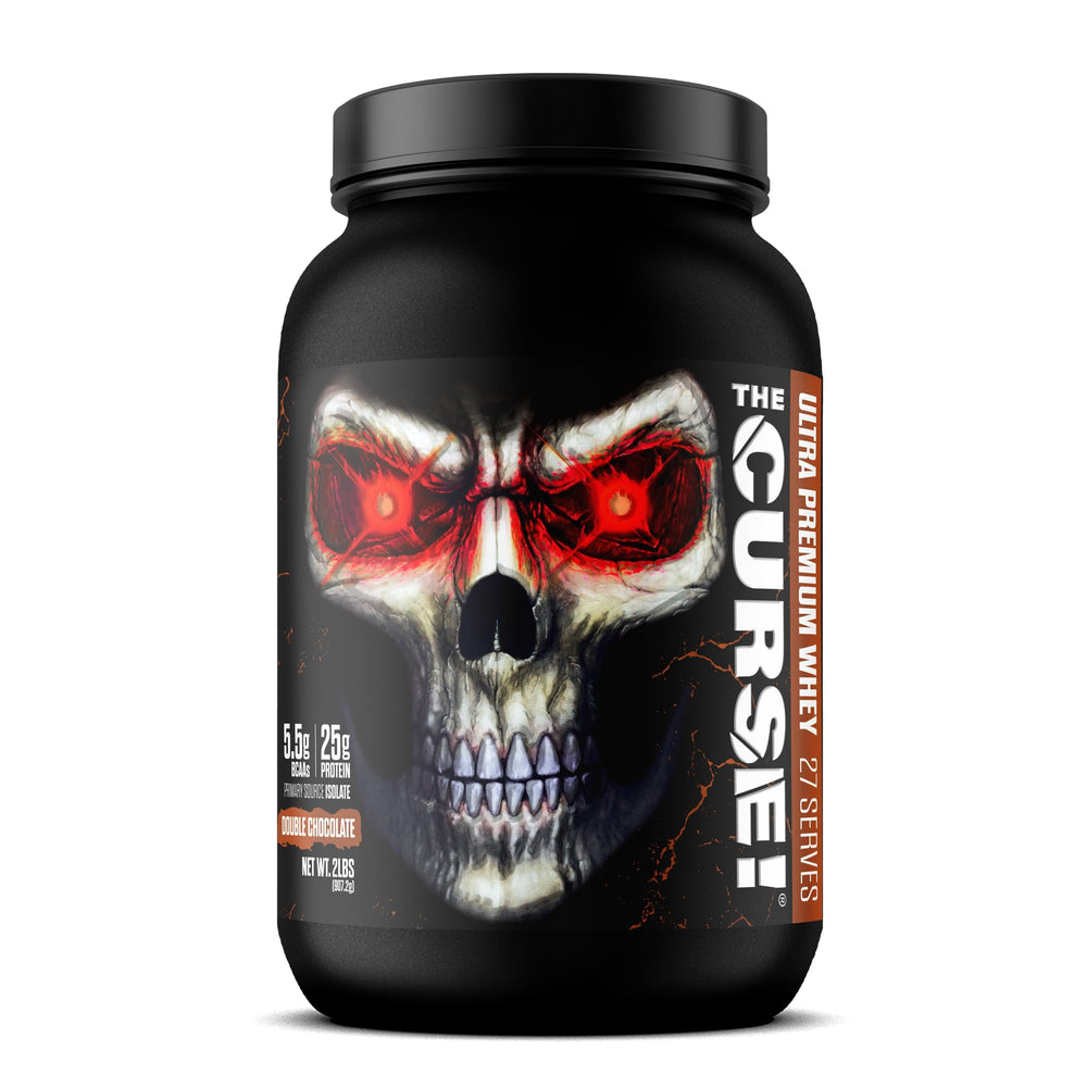 JNX SPORTS The Curse! double chocolate whey tub for lean muscle support.