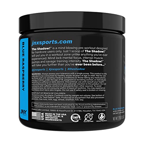 JNX SPORTS The Shadow bottle back label shows caffeine blend and quality standards.