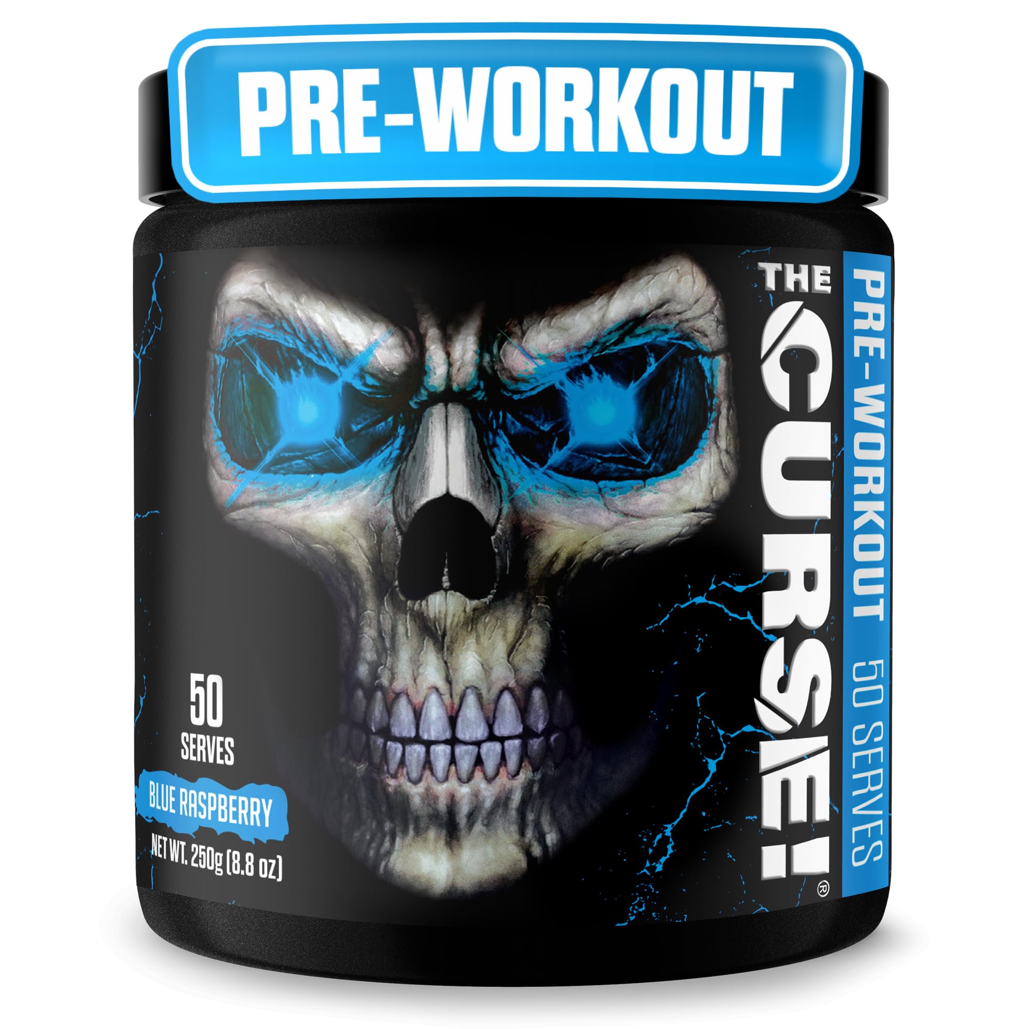 JNX Sports The Curse blue raspberry powder bottle for intense energy and sharper focus.
