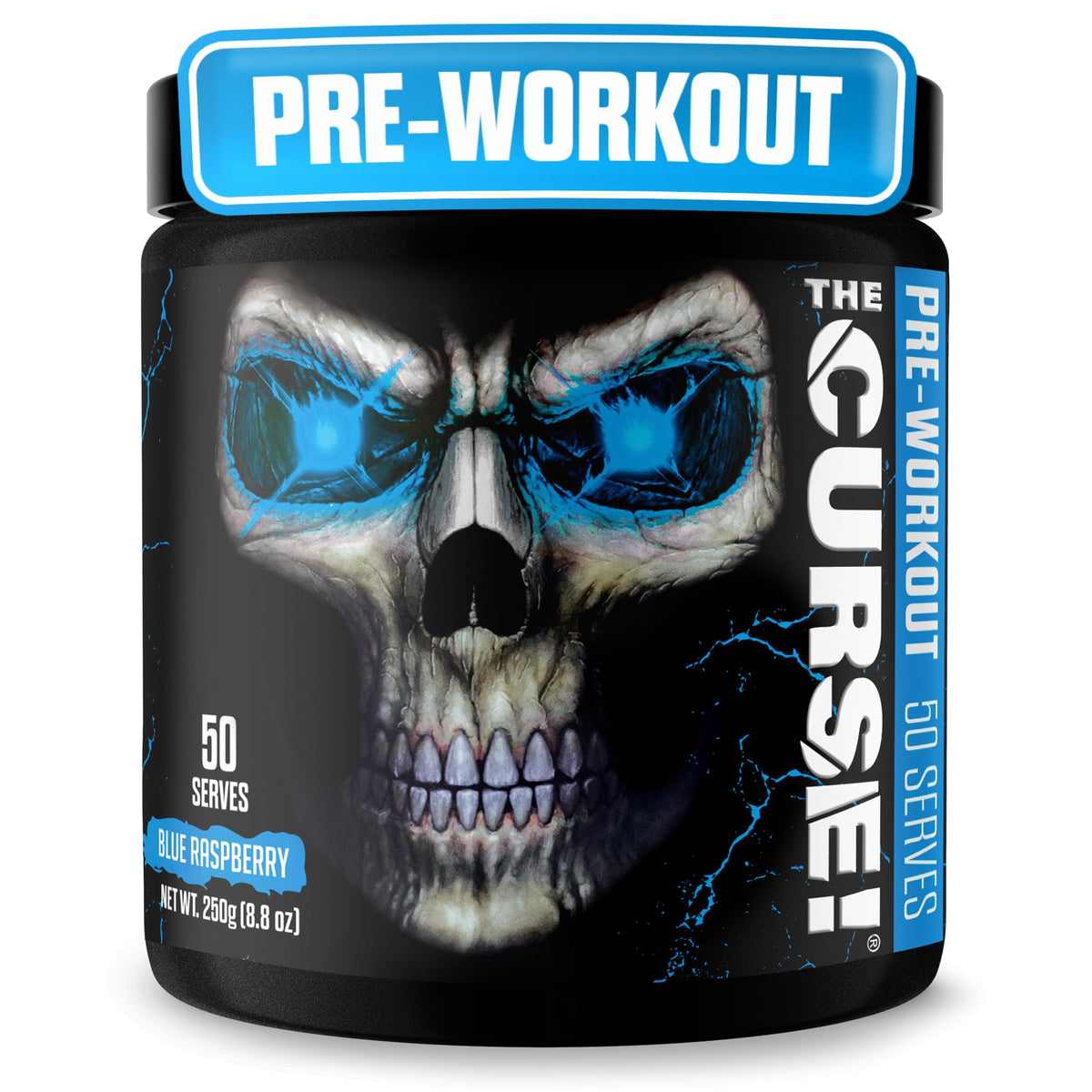 JNX Sports The Curse blue raspberry powder bottle for intense energy and sharper focus.