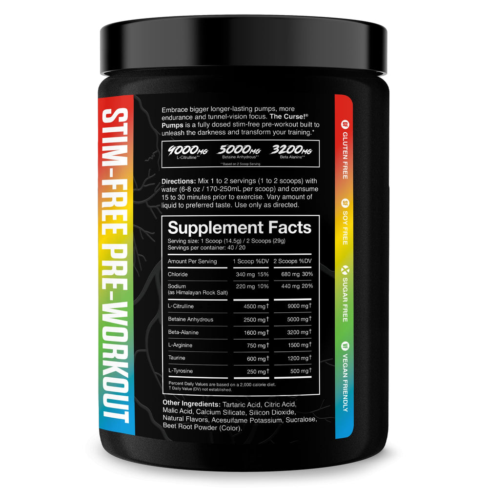JNX Sports The Curse! Pump bottle on gym bench with non-stim formula.