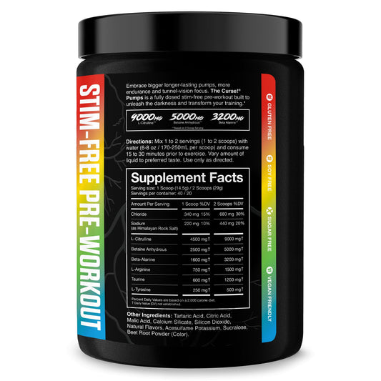 JNX Sports The Curse! Pump bottle on gym bench with non-stim formula.