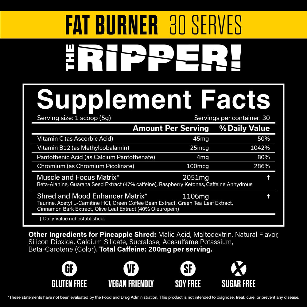 JNX Sports The Ripper Pineapple Shred powder ready to mix for a pre-workout.