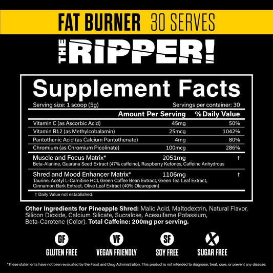 JNX Sports The Ripper Pineapple Shred powder ready to mix for a pre-workout.