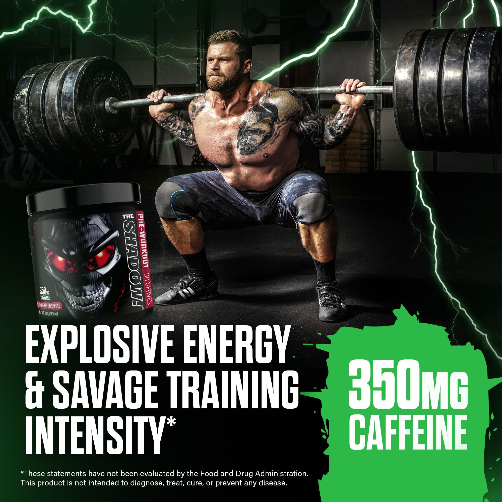 The Shadow ingredients close-up features caffeine and amino acids for focus.